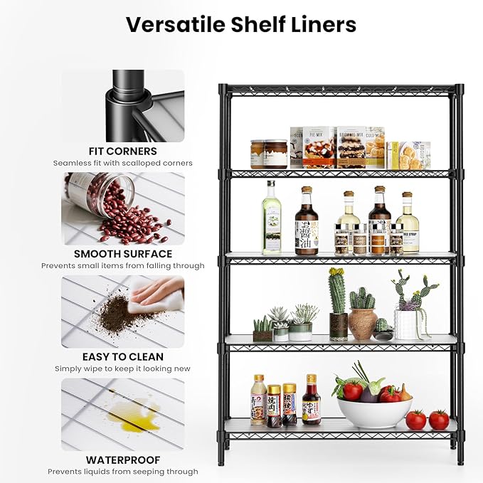 45" W Storage Shelves 5 Tier Wire Shelving with Shelf Liners, Adjustable Metal Garage Shelving, 1875LBS Heavy Duty Commercial Storage Rack for Pantry Kitchen, 45" W x 16" D x 72" H, Black