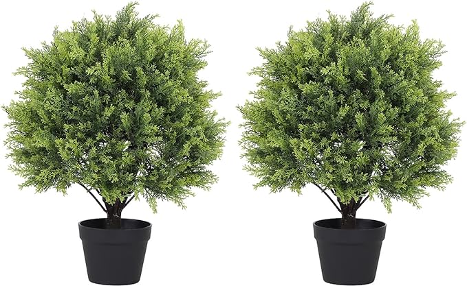 24" Cedar Topiary Trees Artificial Outdoor Set of 2, UV Resistant Fake Potted Plants, 2ft Tall Faux Bushes and Shrubs for Front Porch Patio Planter Outside Decor