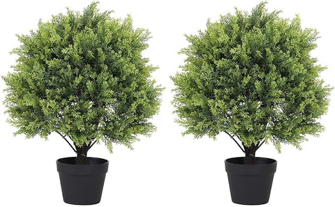 24" Cedar Topiary Trees Artificial Outdoor Set of 2, UV Resistant Fake Potted Plants, 2ft Tall Faux Bushes and Shrubs for Front Porch Patio Planter Outside Decor
