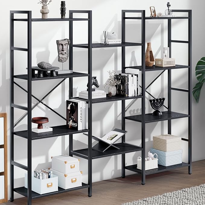 Triple 4 Tier Book Shelf, Modern Bookcase Shelf, Freestanding Large Display Shelves for Living Room/Office/Garage, Stable Large Bookshelf with Storage for Books/Lego/Plants, Black