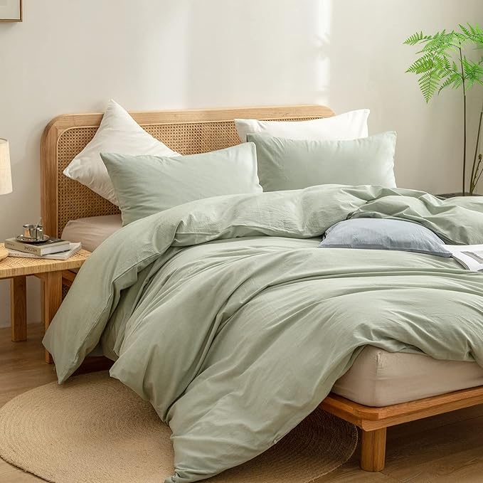 BESTOUCH Duvet Cover Set 100% Washed Cotton Linen Feel Super Soft Comfortable Chic Lightweight 3 PCs Home Bedding Set Sage Green King