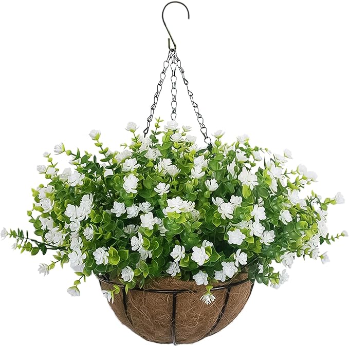 Artificial Hanging Flowers Basket, 12 UV-Resistant Bundles of Realistic Fake Flowers, Faux Plants for Outdoor Decor, Home, Garden, Porch, Patio, Spring & Summer Decorations, White