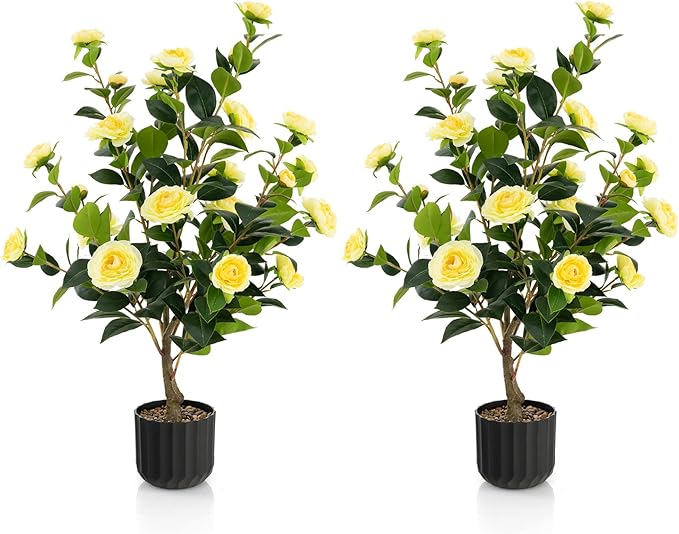 Goplus 38’’ Artificial Camellia Tree, 2 Pack Flower Plants Artificial Tree, Faux Floral Plant Blooming Tree in Cement Pot, Greenery Potted Plant for Indoor Outdoor Office Home Porch Decor