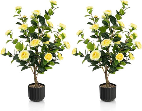 Goplus 38’’ Artificial Camellia Tree, 2 Pack Flower Plants Artificial Tree, Faux Floral Plant Blooming Tree in Cement Pot, Greenery Potted Plant for Indoor Outdoor Office Home Porch Decor