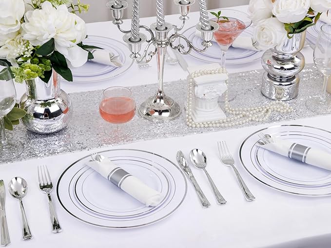 Supernal Pre Rolled Silver Plastic Silverware Set of 30 Wrapped Cutlery,Pre Rolled Napkins with Plastic Silverware Heavy Duty, Silver Disposable Forks and Spoons