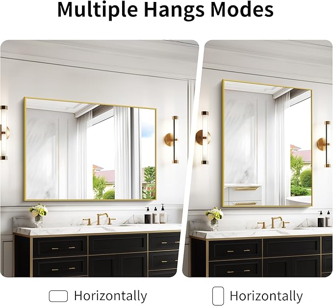 36x48inch Bathroom Mirror, Gold Rectangle Mirror with Thin Metal Frame, Large Rectangular Wall Mirror for Bathroom, Living Room, Hair Salon, Big Farmhouse Mirror Hang Horizontal/Vertical