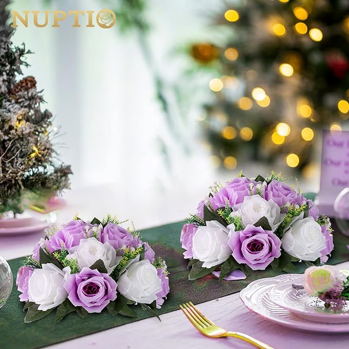 NUPTIO Flower Wedding Centrepieces for Tables - 10 Pcs 9.5in Diameter Lilac & White Artificial Flowers Rose Ball for Centerpieces Table - Fake Rose Arrangements for Weddings Birthday Party Decor