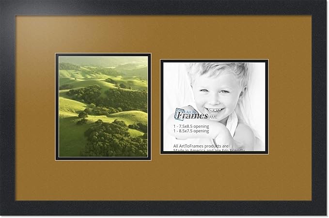 ArtToFrames Collage Photo Frame Double Mat with 2-7.5x8.5 Openings with Satin Black Frame and El Dorado mat.