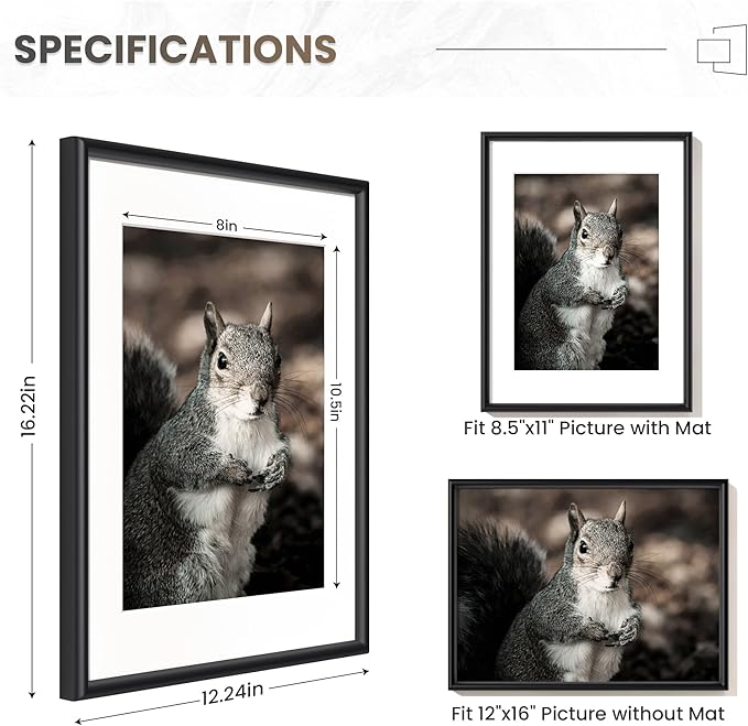 12x16 Picture Frame Black, Aluminum Picture Frames 12"x16" Set of 3, 12x16 Picture Frame with Mat for 8.5x11, 12 by 16 Frame Real Glass, 12 x 16 Metal Frame for Home Decor