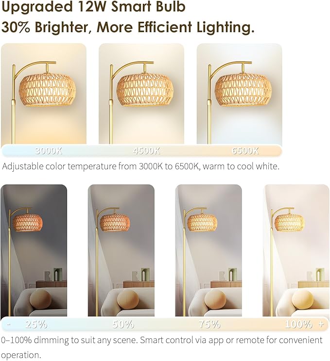 Gold Boho Rattan Floor Lamp w/Remote, Dimmable (2700K - 6000K), 2 - in - 1 Wicker & Fabric Shade, Adjustable 165-172cm for Living Room & Bedroom