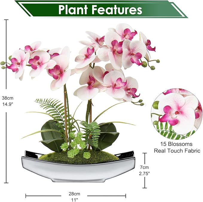 Briful Orchids Artificial Flowers 15" Light Pink Phalaenopsis Orchid with Silver Pots Real Touch Faux Orchid Plant for Home Office Bathroom Living Room Decoration