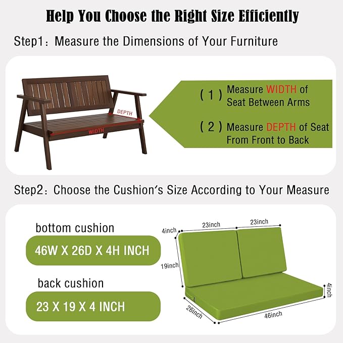 idee-home Outdoor Loveseat Cushions, Waterproof Patio Loveseat Cushion, Outside Couch Hampton Bay Deep Seat Cushion Replacement Set, Patio Love Seat Sofa Cushions for Furniture, 46" x 26" Green