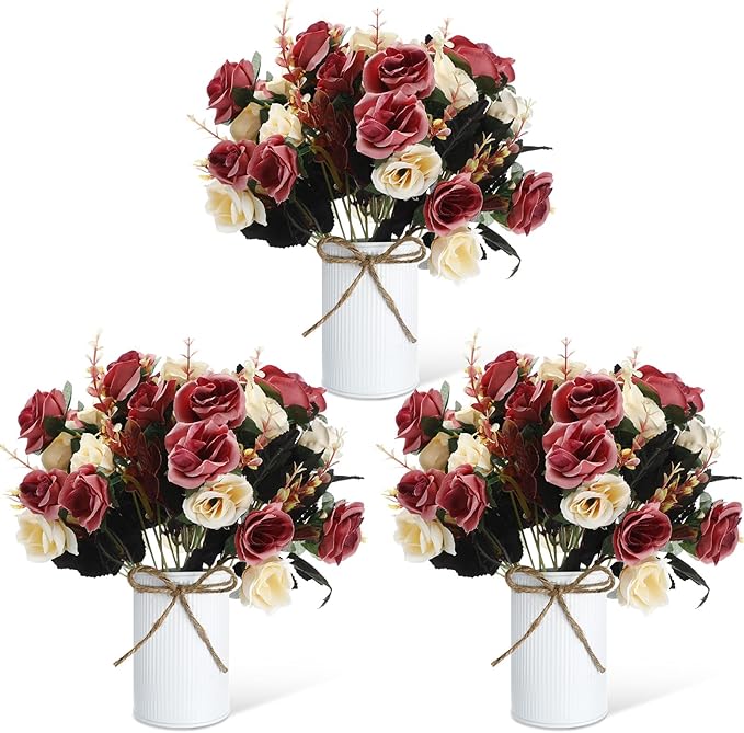 Domensi 3 Sets Wedding Centerpiece for Table Artificial Rose with Vase Fake Bouquets and Metal Pot Floral Arrangements for Holiday Party Event Table Decor (Brown)