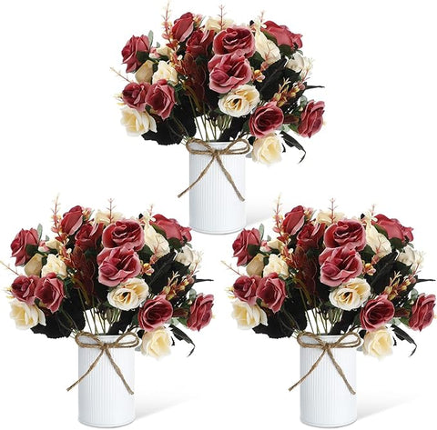 Domensi 3 Sets Wedding Centerpiece for Table Artificial Rose with Vase Fake Bouquets and Metal Pot Floral Arrangements for Holiday Party Event Table Decor (Brown)