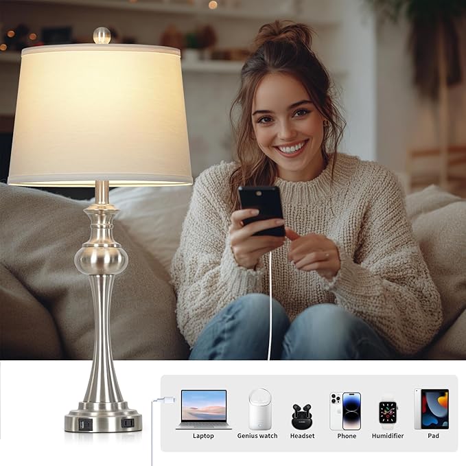 28.75" Silver Table Lamps for Living Room,3 Way Touch Control Table Lamp, Bedside Desk Lamp with Metal Base Modern Nightstand Lamp Simple Side Table Lamp for Bedroom,Office,LED Bulb Included