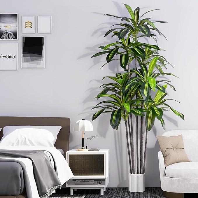 Artificial Dracaena Tree Indoor, 6FT Tall Faux Tree with Natural Wood Trunk and Lifelike Leaves, Tall Artificial Plants Indoor, Fake Plants for Home, Office, Living Room Decor