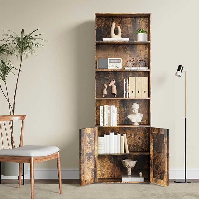 Tall Wooden Bookshelf with Cabinet and Doors,Vintage Brown Bookcase for Bedroom, Living Room, or Home Office Storage,6 Shelves for Heavy Books & Organization