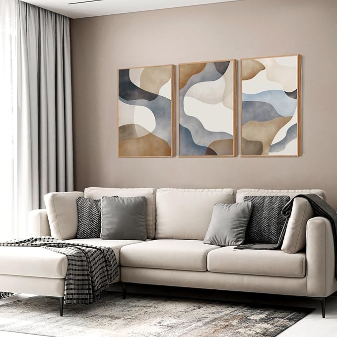 Large Abstract Watercolor Block Framed Canvas Wall Art,Colorful Neutral Geometric Wall Decor,Beige Blue and Brown Artwork,Modern Minimalist Line Art Print for Living Room,Bedroom-24 x36 x3