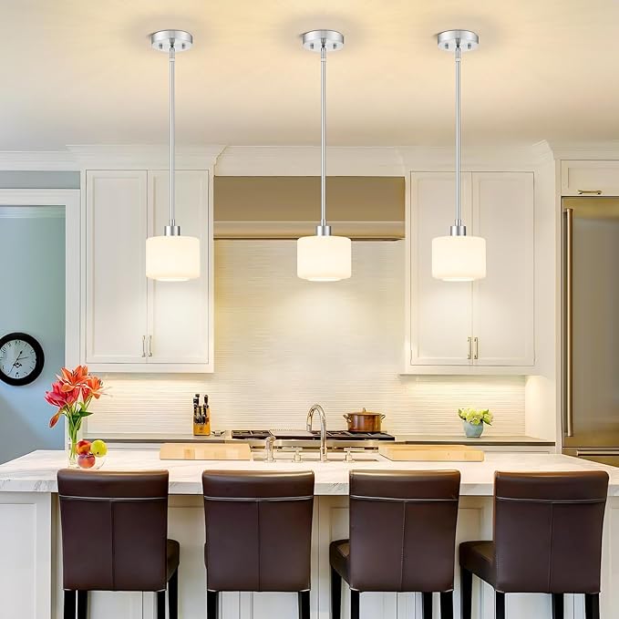 Brushed Nickel Pendant Lights Kitchen Island, 1-Light Modern Milk Glass Hanging Light Fixtures with Rods, Mini Kitchen Pendant Lighting Over Island for Sink Bathroom, OS-YQ8153-1PBN