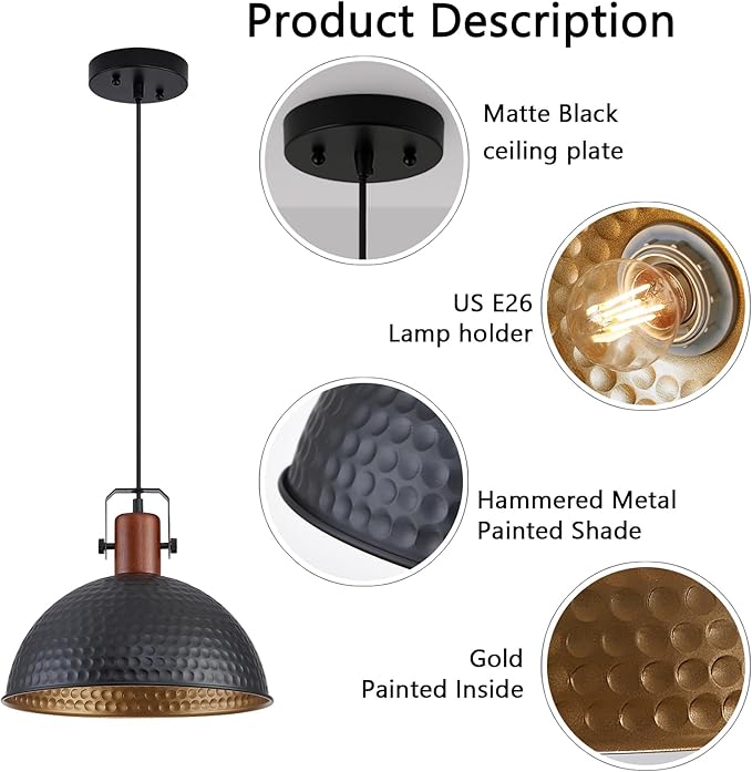 12 Inch Black Pendant Lights Hammered Matte Pendant Lights for Kitchen Island Industrial Farmhouse Adjustable Height Dome Hanging Light Fixtures for Barn, Dining Room 2 Packs