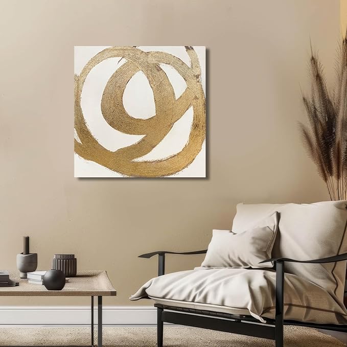 CHUDANHAO Contemporary Neutral Artwork Line Wall Hangings Decor Gold Wall Paintings 28"x28" Decoration for Bedroom Wall Office Decor