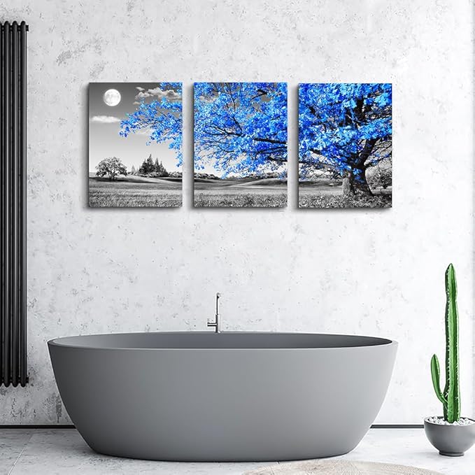 DZRWUBHS Modern Wall Art For Living Room Canvas Wall Decor For Office Black And White Blue Tree Wall Painting Scenery Wall Pictures Artwork For Bedroom Room Home Decor Prints Art 12" X 16" 3 Piece