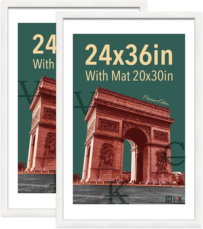 VCK 24x36 Poster Frame White - with Mat 20x30, Textured Exclusive Solid Wood Picture Frame, Horizontal and Vertical Formats with Included Hanging Hardware - 2 Pack