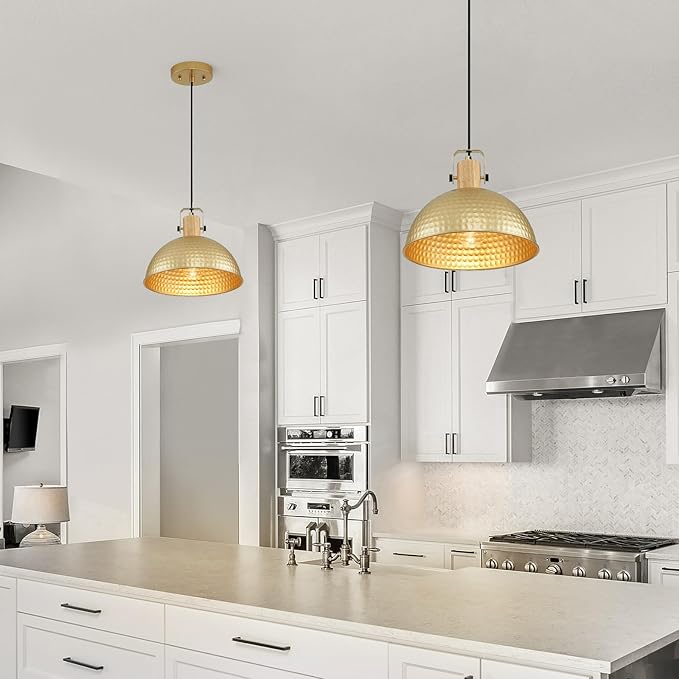 12 Inch Gold Pendant Lights Hammered Matte Pendant Lights for Kitchen Island Industrial Farmhouse Adjustable Height Dome Hanging Light Fixtures for Barn, Dining Room 1 Pack