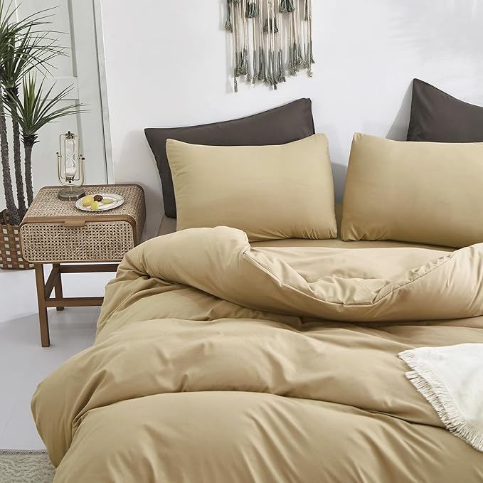 Luxlovery Khaki Comforter Set Full Champagne Bedding Comforter Set Full Women Men Taupe Solid Soft Breathable Blanket Quilts Sand Color 3 Piece Comforter Bedding Set