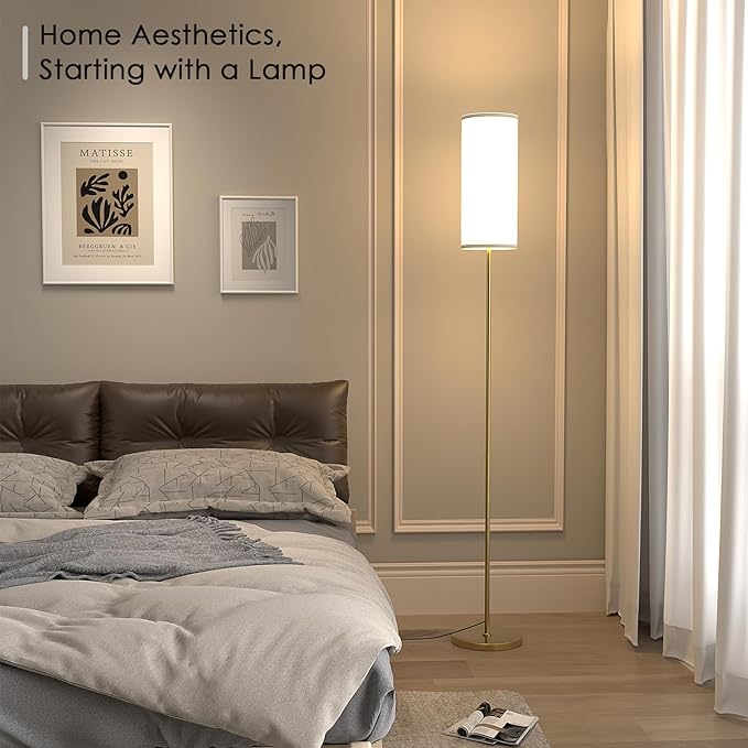 Floor Lamp for Living Room, Modern Standing lamp with Remote Control, Stepless Dimmable 9W Bulb & Beige Lampshade Included, Gold Pole Tall Floor Lamp for Bedroom Office