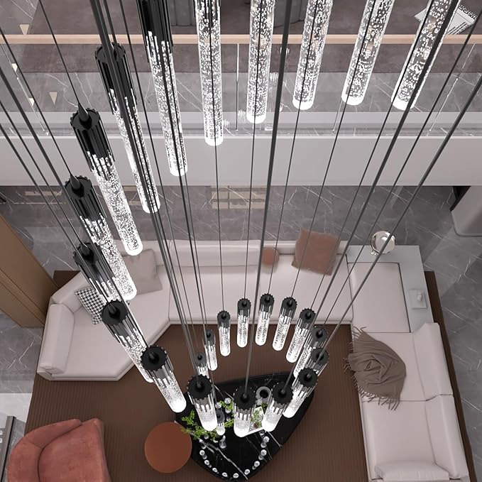 Flashing God Long Chandeliers for High Ceiling Black Bubble Crystal Chandelier Large Foyer Entrance Chandeliers for High Ceiling Big Crystal Chandelier LED Dimmable 2700K-6000K
