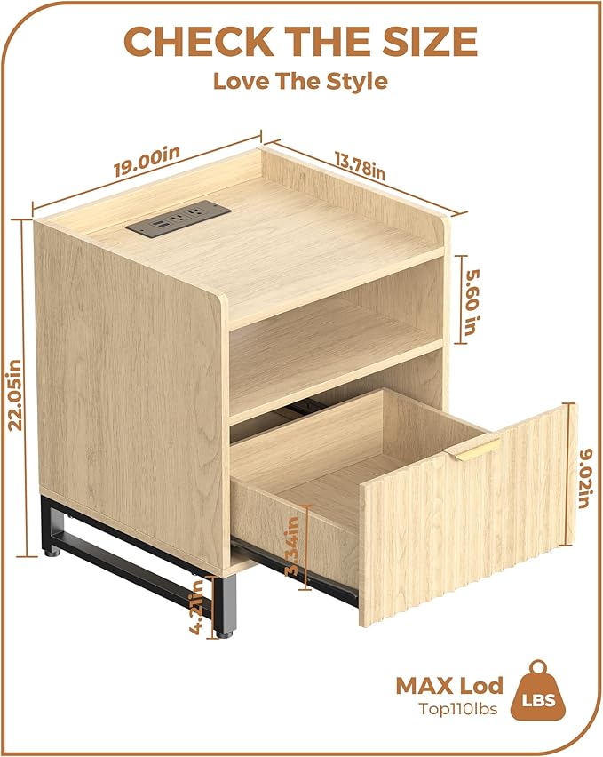 Fluted Night Stand with Charging Station, Wood Nightstand with Large Drawer and Open Storage Cabinet, Mid-Century Modern Bedside Table End Table for Bedroom Closet Office