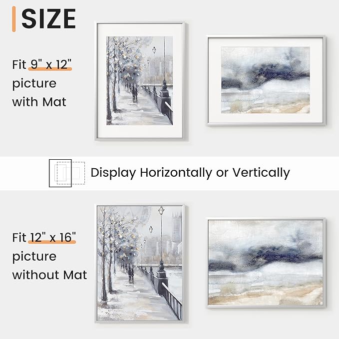 12x16 inch Metal Picture Frame - 12 x 16 Thin Aluminum Photo Frames with 9x12 Removable Mat - High Definition Plexiglass - Vertical and Horizontal Display - Wall Hook Hanging Hardware Included - Silver, Set of 4