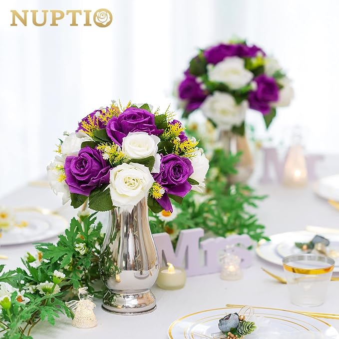 Pcs of 10 Fake Flower Ball Arrangement Bouquet,15 Heads Plastic Roses with Base, Suitable for Our Store's Wedding Centerpiece Flower Rack for Parties Valentine's Day Home Décor (Purple & White)