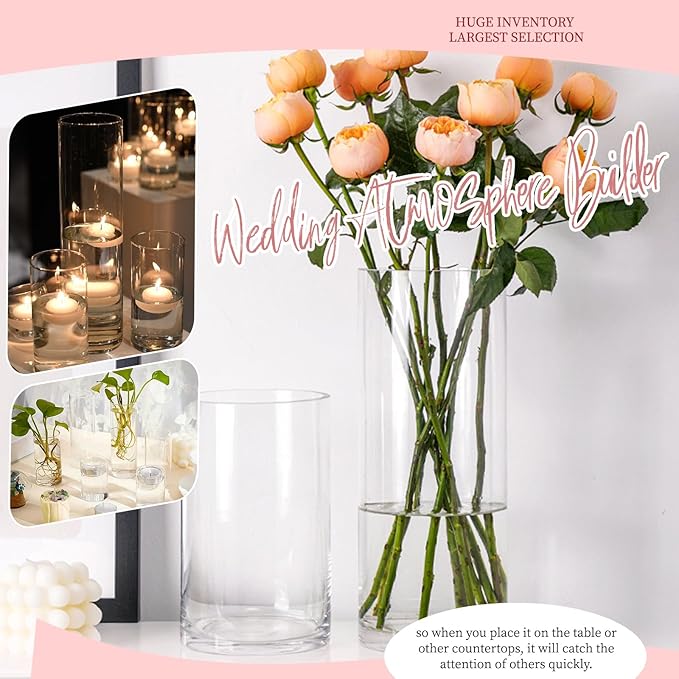 6 Pack Glass Cylinder Vases 8 Inch Tall Clear Flower Vase Bulk Glass Vases Hurricane Floating Candle Holder for Table Centerpiece Party Wedding Home Decor