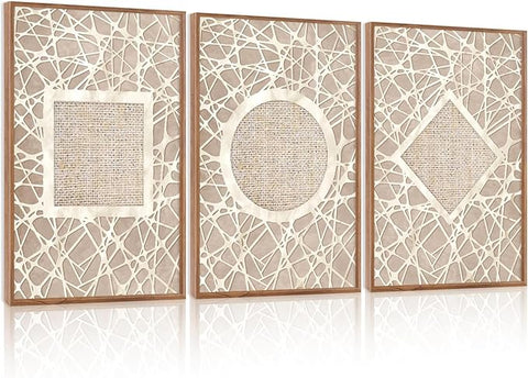 Large Boho Neutral Geometric Framed Canvas Wall Art,Modern Circle Square and Rhombus Wall Decor,Minimalist Shapes Artwork,Abstract Mid Century Art Print For Living Room,Bedroom,Office-24"x36"x3