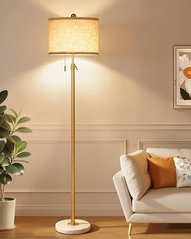 Modern Floor Lamp for Living Room - Adjustable Height Standing Lamp with Marble Base & Linen Shade, 3-Way Dimmable Tall Floor Light for Bedroom, Reading, Bulb Included