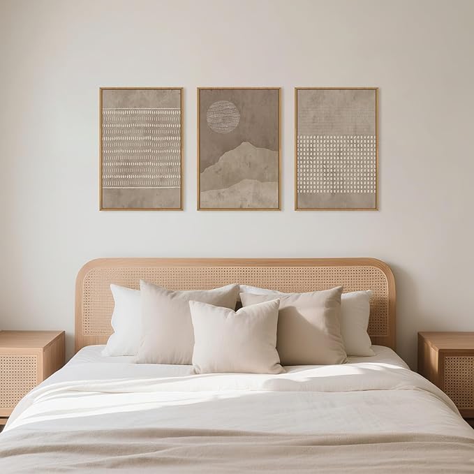 Aryroi Large Mid Century Tan and Beige Framed Canvas Wall Art,Neutral Lines Dots Wall Decor,Abstract Sunset and Mountain Artwork,Boho Textured Shapes Art Print for Living Room,Bedroom,Office-24"x36"x3