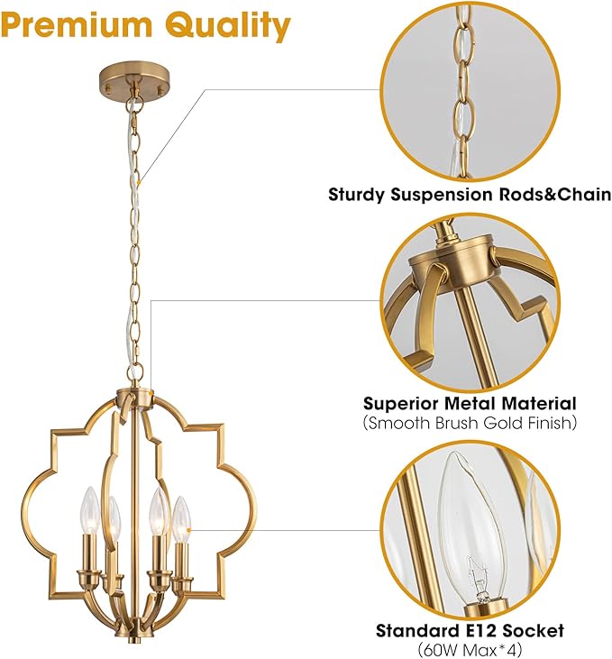 15.6" Brushed Gold Dining Room Light Fixtures Over Table, 4 Light Rustic Orb Geometric Pendant Light, Farmhouse Brass Chandelier for Entryway Foyer Bathroom