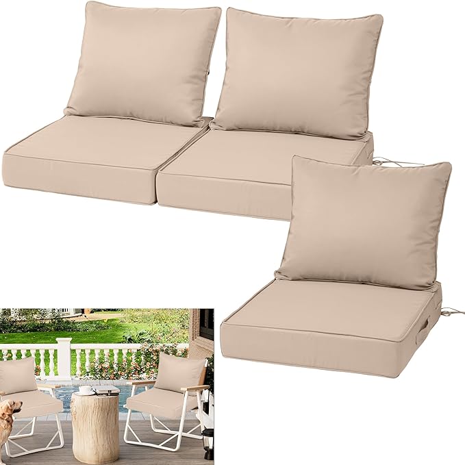 Waterproof Outdoor Chair Cushion Set of 3, 24x24x5 IN Deep Seat Patio Cushions with Fade Resistant Removable Cover,Outdoor Cushions for Patio Furniture with Ties&Handle for Chair Sofa Couch,Khaki