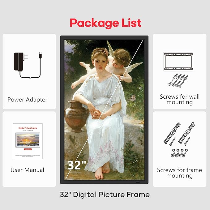 Frameo 32" Extra Large Digital Picture Frame, Smart WiFi Photo Frame with 1920x1080 FHD IPS Touch Screen 64GB Memory, Support Wall Mounted Auto-Rotate USB&SD Card, Share Photos/Videos Instantly