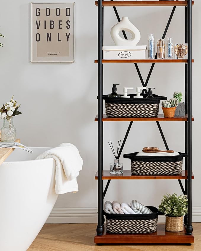 KALLAX Small Woven Basket, 12 x 8 x 4.5 Inches, Small Storage Baskets for Organizing, Gift Baskets Empty, Cute Rope Shelf Closet Storage Bins for Shelves, Dog Toy Basket, Black & Brown