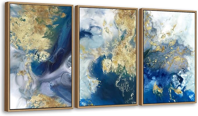 Large Abstract Framed Wall Art - Natural Float Framed Colorful Canvas Pictures Decor Blue Gold White Background Modern Artwork for Bedroom Living Room Kitchen Home Office Decoration 48" X 24" Set of 3