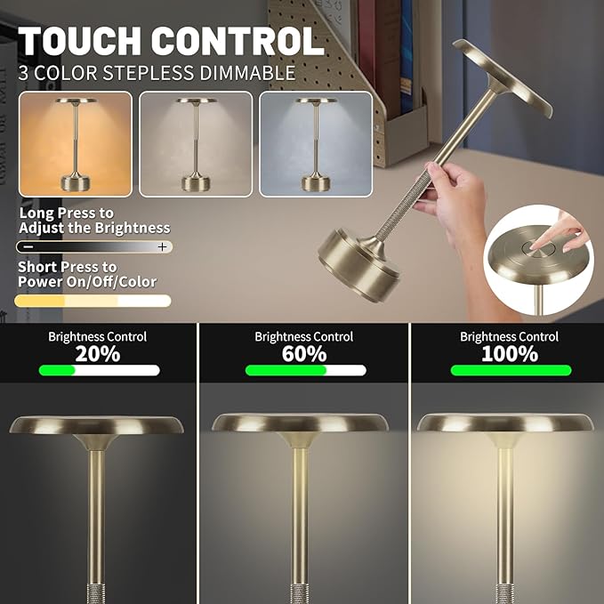 5200mAh Rechargeable Cordless LED Table Lamps Touch Sensor Light, 3-Levels Portable Dimming Wireless Battery Operated Lamp,Night Light/Restaurant Table/Outdoor/Coffee/Bar (Sliver)