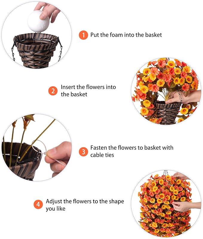 Artificial Fall Hanging Flowers Plants with Baskets for Outdoor Decoration,Fake Faux Silk Morning Glroy Flowers Arrangement Planter for Home Indoor Outside Porch Patio Decor