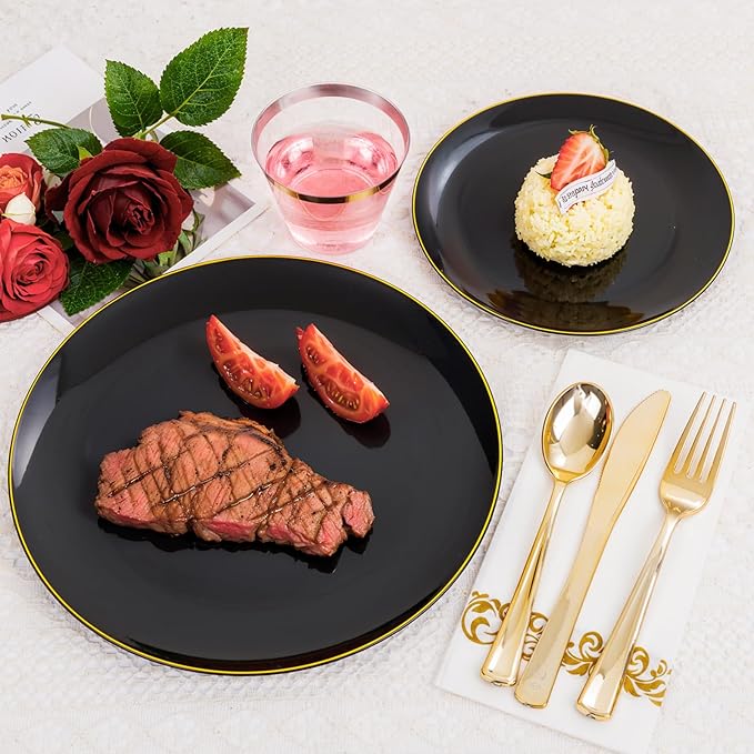 700PCS Black and Gold Disposable Dinnerware Set - Includes 100 Black Plastic Plates, 100 Dessert Plates, 100 Gold Plastic Silverware Set, 100 Cups 9 OZ, 100 Napkins Ideal for Wedding Party Birthday
