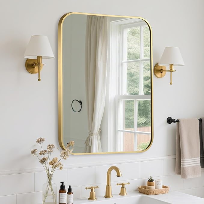 FARMER 20x28 Inch Gold Bathroom Mirror, Rectangle Vanity Mirror, Brushed Mirrors for Wall, Metal Frame Hanging Mirror with Round Corner for Bedrooms, Entryways, Living Rooms, Horizontal/Vertical