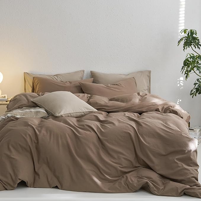 MooMee Super King Duvet Cover Set, 100% Washed Cotton Linen Like Twill Thick Sturdy Material Super Soft Breathable Durable Bedding for All Season, 3 Pieces (Bombay Brown, Super King 108"x98")