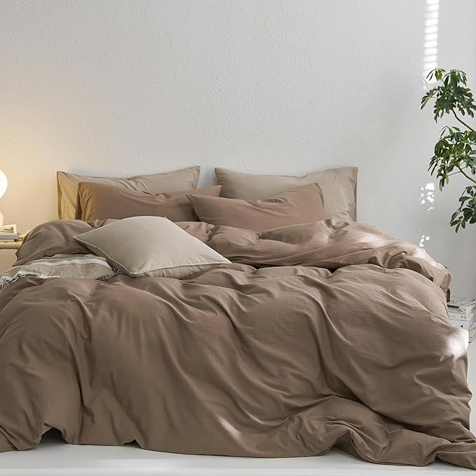 MooMee Super Queen Duvet Cover Set, 100% Washed Cotton Linen Like Twill Thick Sturdy Material Super Soft Breathable Durable Bedding for All Season, 3 Pieces (Bombay Brown, Super Queen 90"x98")