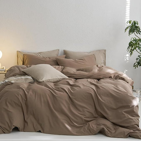 MooMee Super Queen Duvet Cover Set, 100% Washed Cotton Linen Like Twill Thick Sturdy Material Super Soft Breathable Durable Bedding for All Season, 3 Pieces (Bombay Brown, Super Queen 90"x98")